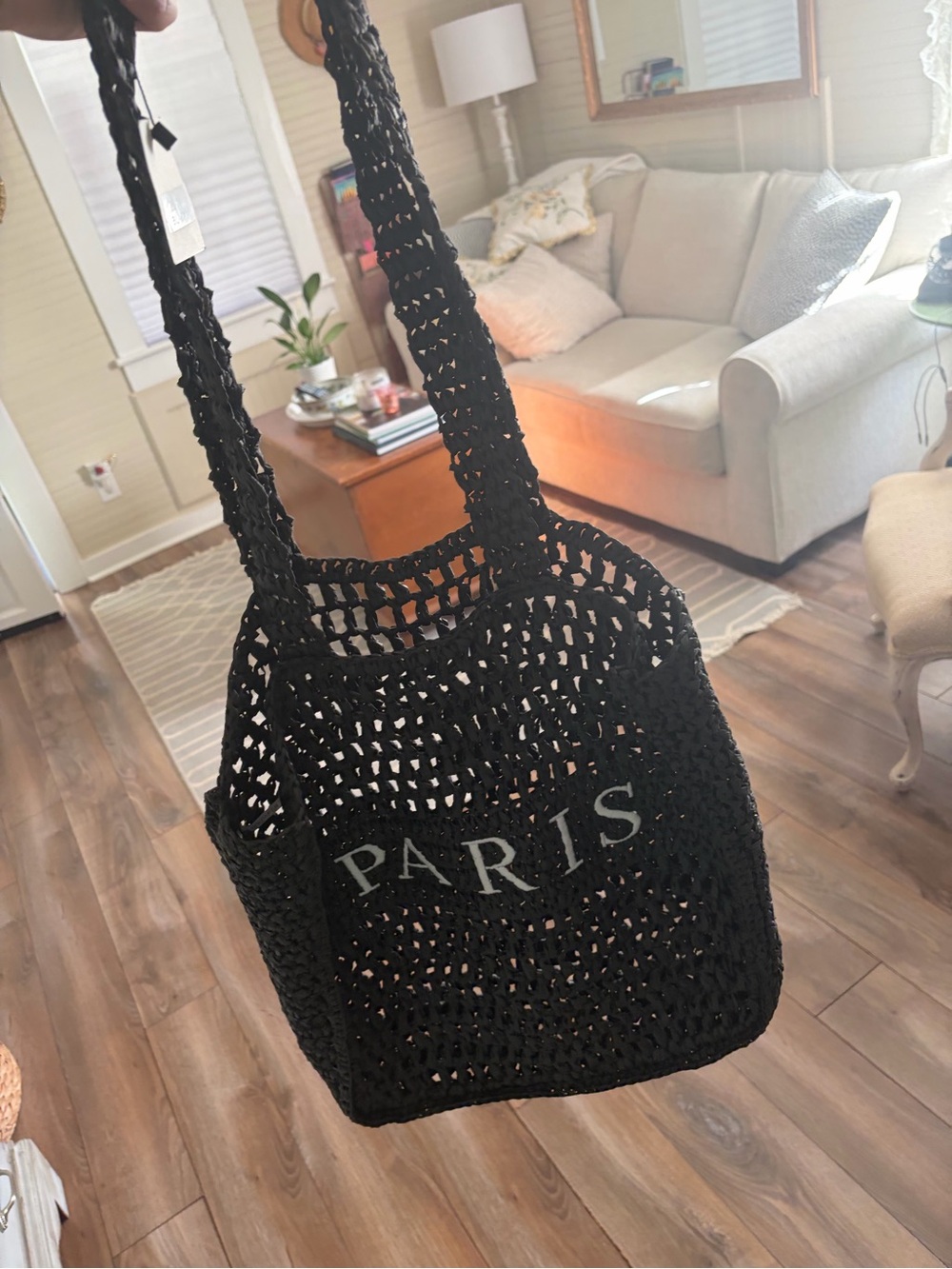 Black 'PARIS' Crochet Tote Bag - Women Bags